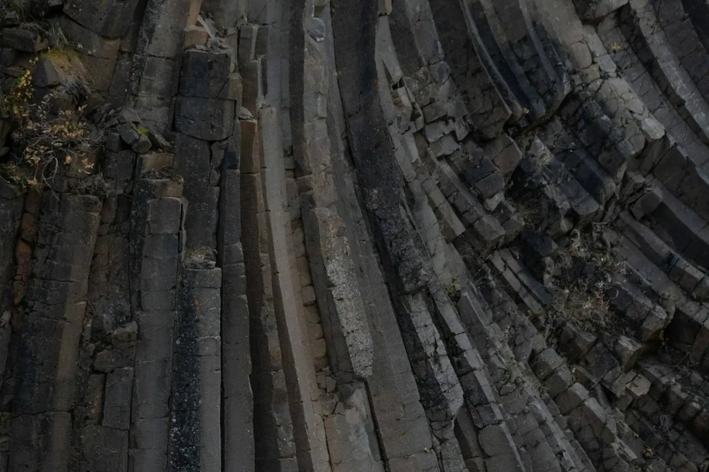 Columnar basalt formations in raking light