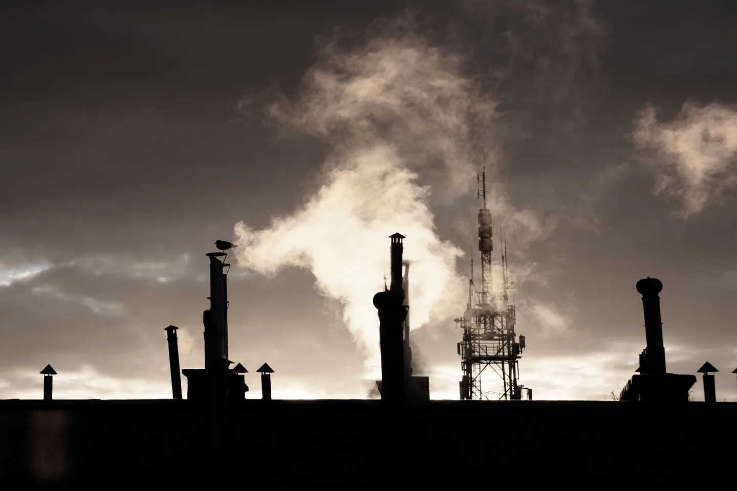 Industrial smokestacks silhouetted against a heavy sky
