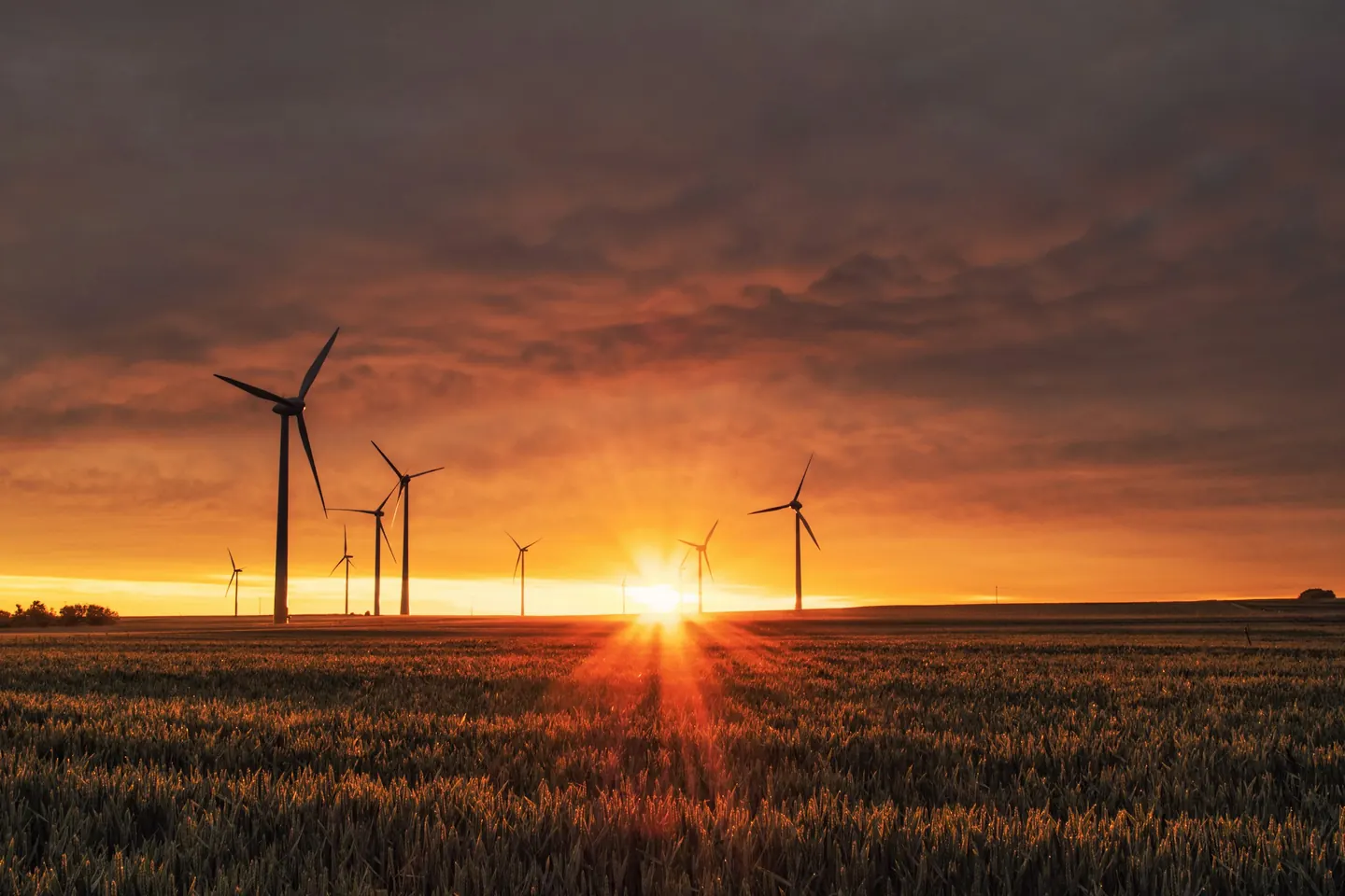 Wind turbines silhouetted at sunset